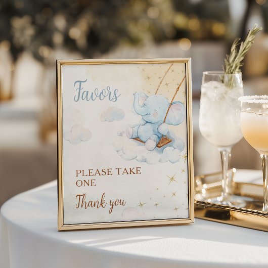 Blue Elephant Baby Shower Favors Sign Poster Cloud