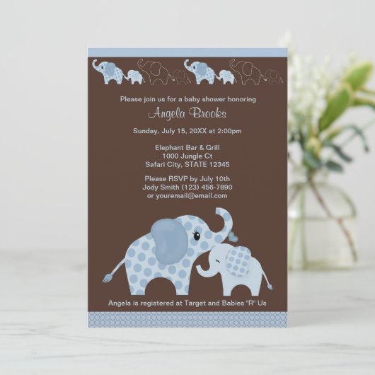 Blue ELEPHANT Baby shower Invitation CE-B Kaart (Staand voorkant)