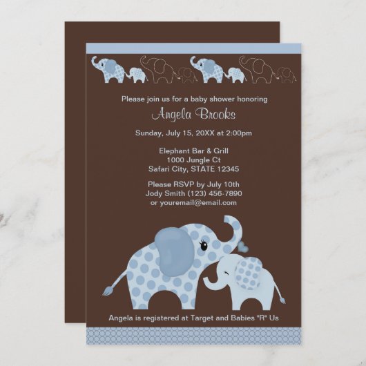 Blue ELEPHANT Baby shower Invitation CE-B Kaart (Voorkant / Achterkant)