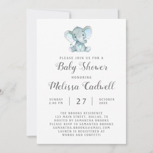 Blue Elephant Baby shower Invitation, jongen Kaart (Voorkant)
