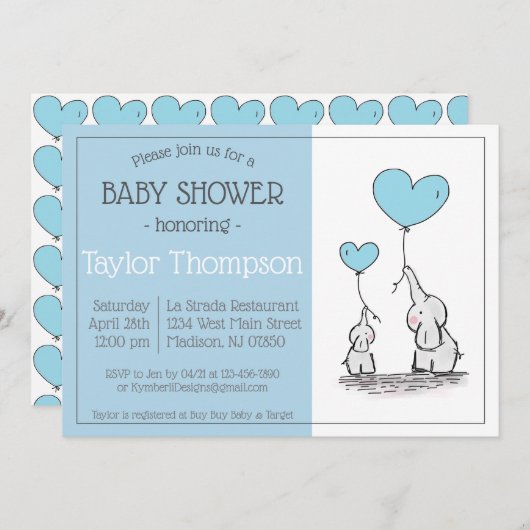Blue Elephant Baby shower Invitation Kaart (Voorkant / Achterkant)