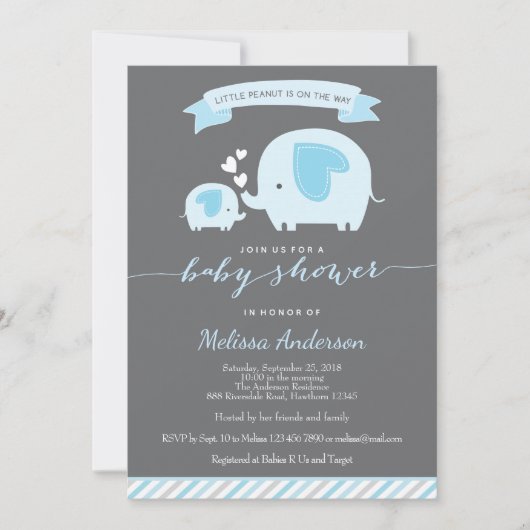 Blue Elephant Baby shower Invitation Kaart (Voorkant)