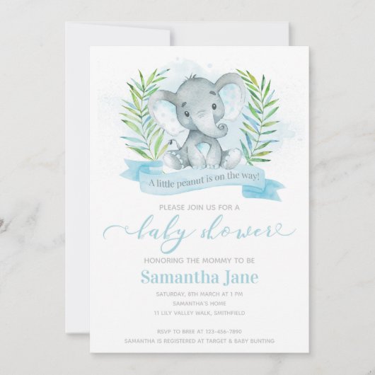 Blue Elephant Baby shower Invitation Kaart (Voorkant)