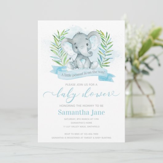 Blue Elephant Baby shower Invitation Kaart (Staand voorkant)