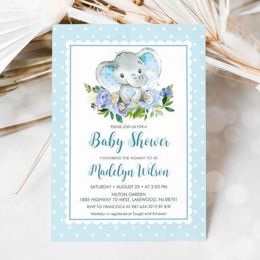 Blue Elephant Baby shower Invitation Kaart