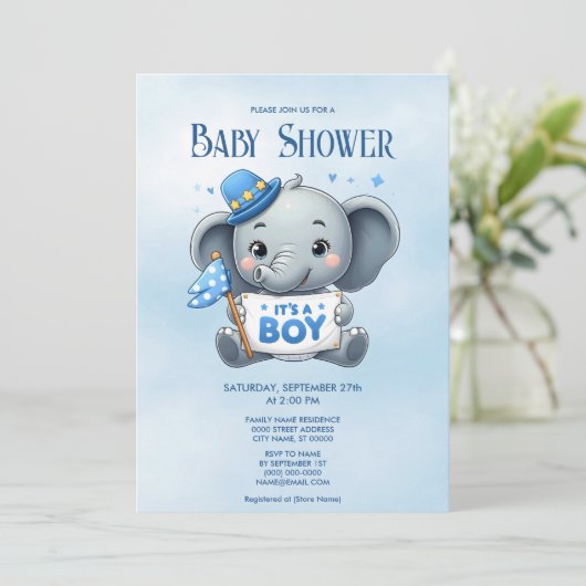 Blue Elephant Baby shower Invitation Kaart (Staand voorkant)