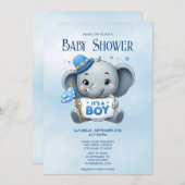 Blue Elephant Baby shower Invitation Kaart (Voorkant / Achterkant)