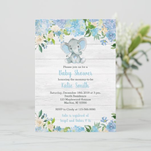 Blue Elephant Baby Shower Invitations for a Boy Kaart (Staand voorkant)
