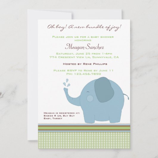 Blue Elephant Baby shower Invite Kaart (Voorkant)