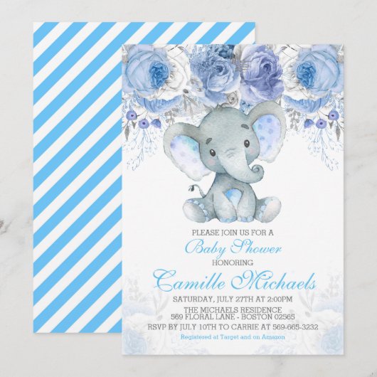 Blue Elephant Baby shower Kaart (Voorkant / Achterkant)