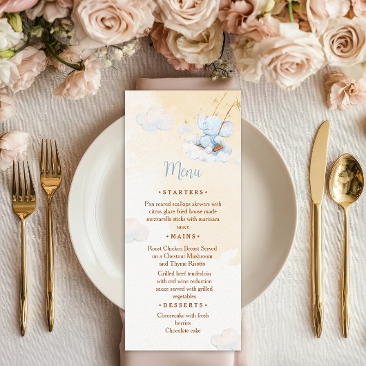 Blue Elephant Baby Shower Menu Card Cloud Stars