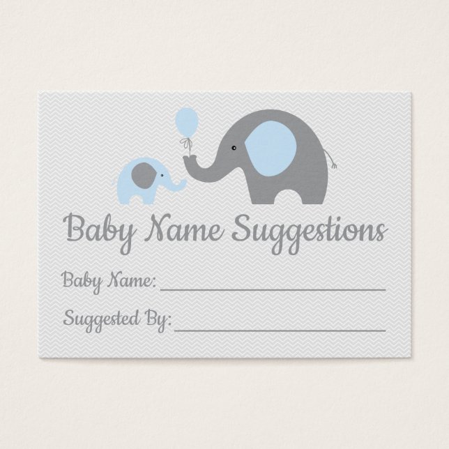 Blue Elephant Baby shower Naam Suggestie Kaarten Visitekaartje (Voorkant)