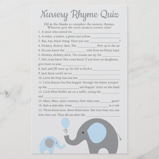 Blue Elephant Baby shower Nursery Rhyme Quiz Game Flyer (Voorkant)
