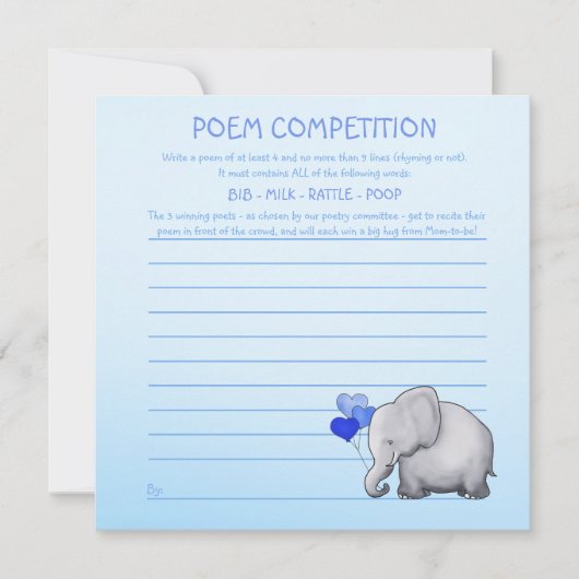 Blue Elephant Baby shower Poem Competition Game Kaart (Voorkant)