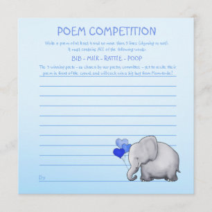 Blue Elephant Baby shower Poem Competition Game Kaart