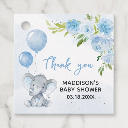 Blue Elephant Baby shower Square Bedankjes Labels (Voorkant)