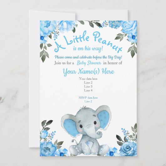 Blue Elephant Baby shower uitnodiging, Floral Boy Kaart (Voorkant)