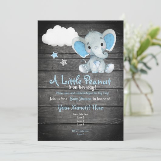 Blue Elephant Baby shower-uitnodiging, roesterig Kaart (Staand voorkant)