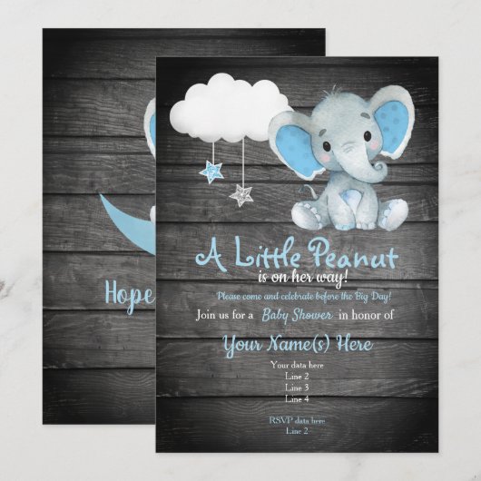 Blue Elephant Baby shower-uitnodiging, roesterig Kaart (Voorkant / Achterkant)