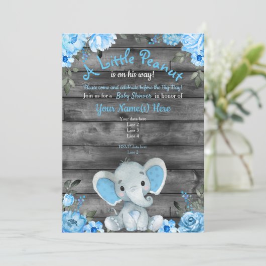 Blue Elephant Baby shower uitnodiging, rustiek Kaart (Staand voorkant)