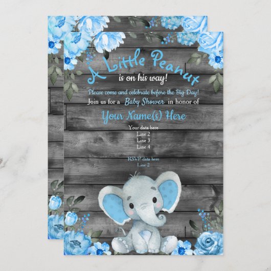 Blue Elephant Baby shower uitnodiging, rustiek Kaart (Voorkant / Achterkant)