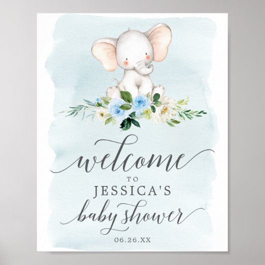 Blue Elephant Baby shower Welcome Sign Poster (Voorkant)