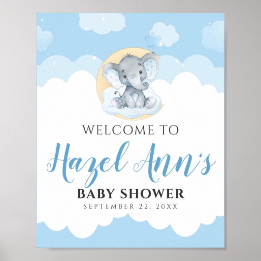 Blue Elephant Baby shower Welcome Sign Poster (Voorkant)