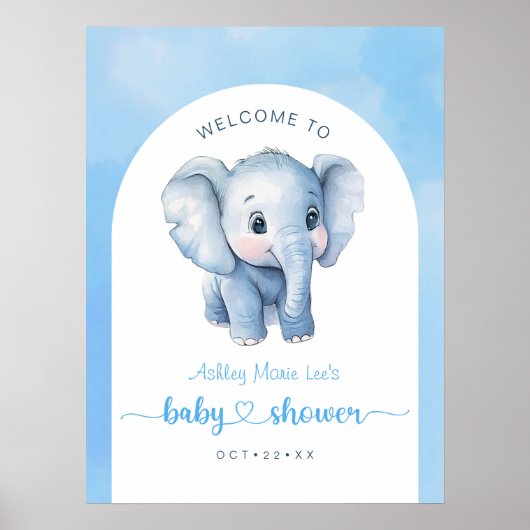 Blue Elephant Baby shower Welkomstbord – Watercolo Poster (Voorkant)