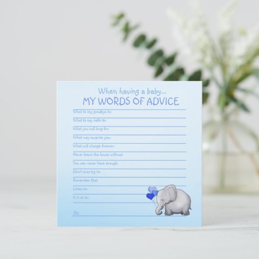 Blue Elephant Baby shower Words of Advice for Baby Advieskaart (Staand voorkant)