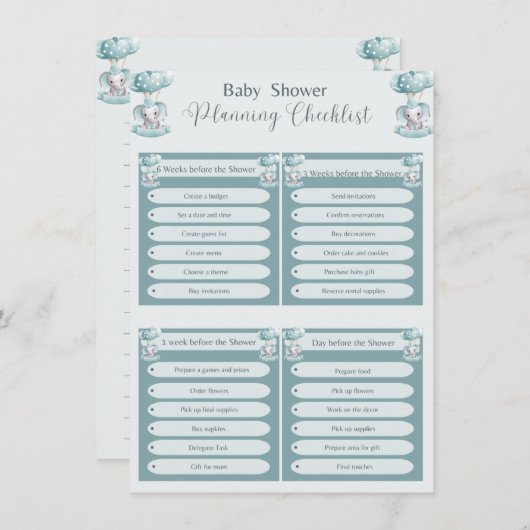 Blue Elephant ballon Baby Boy Shower Checlist Kaart (Voorkant / Achterkant)