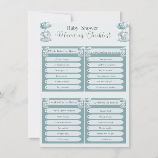 Blue Elephant ballon Baby Boy Shower Checlist Kaart (Voorkant)