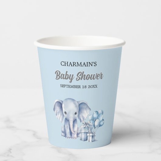 Blue Elephant & Balloon Baby shower Papieren Bekers (Voorkant)