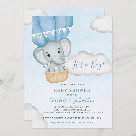 Blue Elephant Balloon Boy Baby shower Kaart (Voorkant / Achterkant)