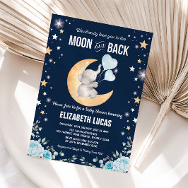 Blue Elephant Balloon Moon & Back Boy Baby shower Kaart