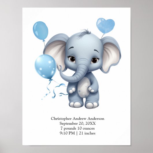 Blue Elephant Balloons Baby Geboorte Stats Kinderk Poster (Voorkant)