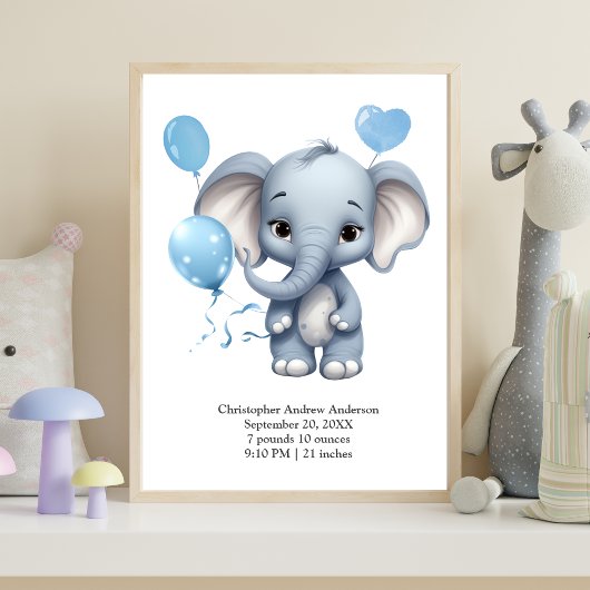 Blue Elephant Balloons Baby Geboorte Stats Kinderk Poster