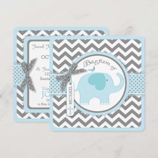 Blue Elephant Bird and Chevron Print Baptism Kaart (Voorkant / Achterkant)