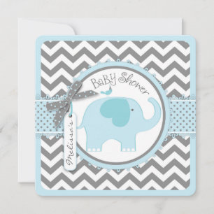 Blue Elephant Bird en Chevron Print Baby shower Kaart