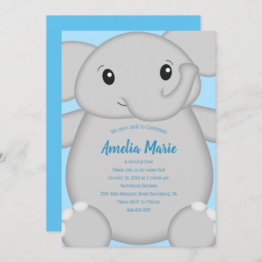 Blue Elephant Birthday Party Kaart (Voorkant / Achterkant)