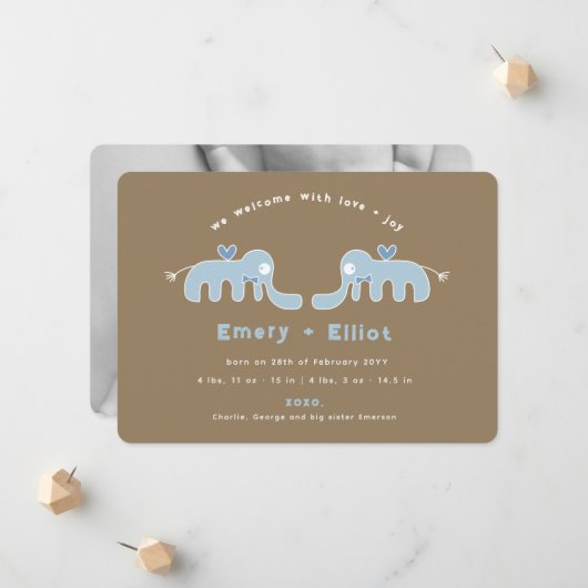 Blue Elephant Bow Stropdas Baby Boy Aankondiging (Voorkant / Achterkant in situ)