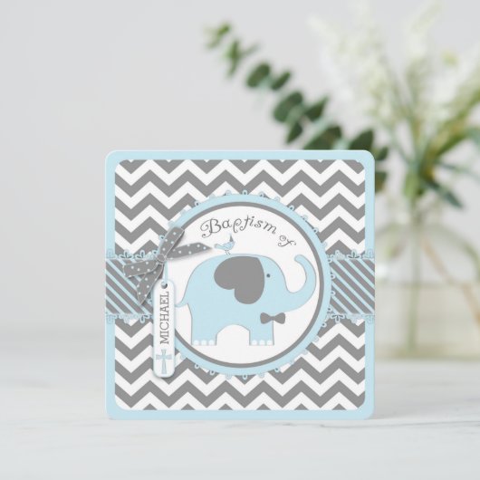 Blue Elephant Bow Stropdas Chevron Print Baptisme Kaart (Staand voorkant)