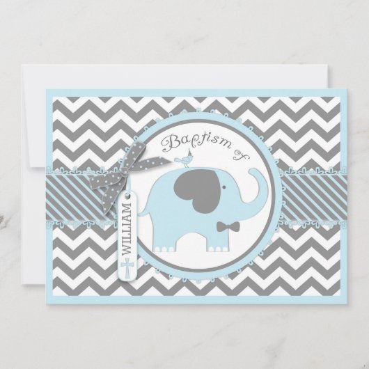 Blue Elephant Bow Stropdas en Chevron Print Baptis Kaart (Voorkant)