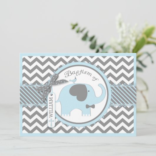 Blue Elephant Bow Stropdas en Chevron Print Baptis Kaart (Staand voorkant)