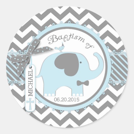 Blue Elephant Bow Stropdas en Chevron Print Doop Ronde Sticker (Voorkant)