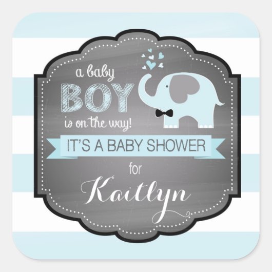 Blue Elephant Bow-stropdas Stripe Baby shower Vierkante Sticker (Voorkant)