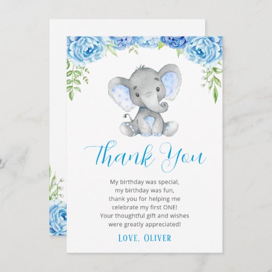 Blue Elephant Boy 1st First Birthday Little Peanut Bedankkaart (Voorkant / Achterkant)