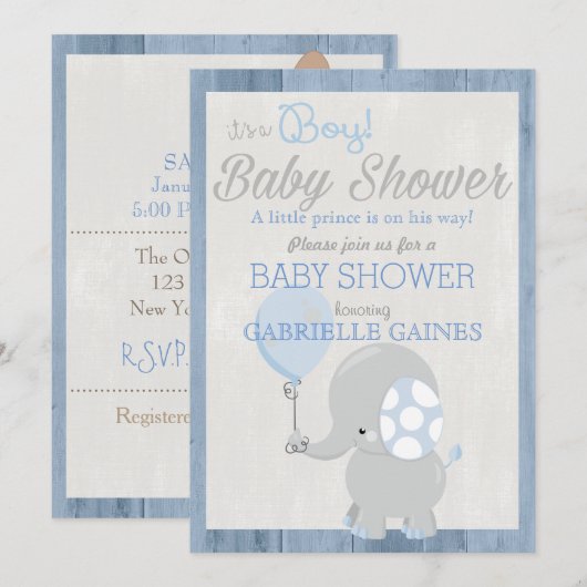 Blue Elephant Boy Baby shower Country Invitation Kaart (Voorkant / Achterkant)