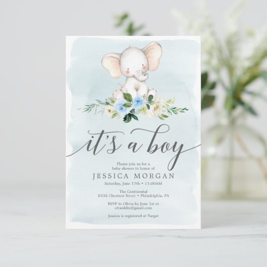 Blue Elephant Boy Baby shower Invitation Card Kaart (Staand voorkant)