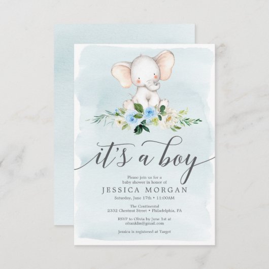 Blue Elephant Boy Baby shower Invitation Card Kaart (Voorkant / Achterkant)