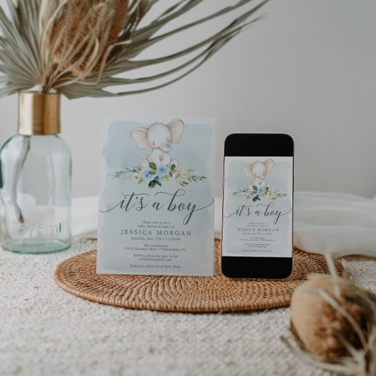 Blue Elephant Boy Baby shower Invitation Card Kaart